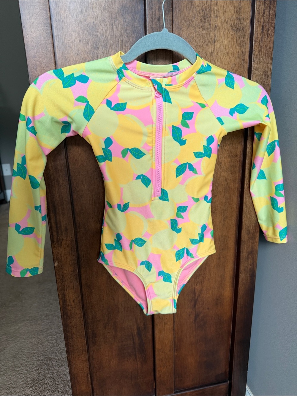Cat & Jack Yellow, Pink and Green Lemon Print Long Sleeve Rashguard Swimsuit